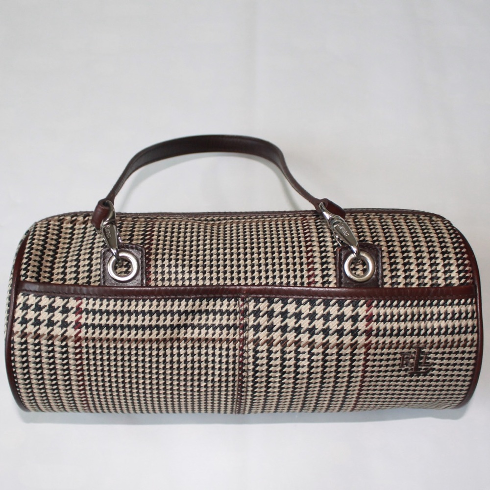 Ralph Lauren Brown Houndstooth Barrel Shaped Purse